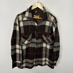 Vintage Lucerne Men M 70s Plaid Shacket Button Shirt Brown Wool Linen